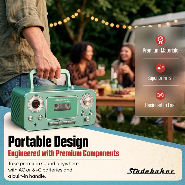 Alt view image 5 of 7 - Portable CD Player with Bluetooth, AM/FM Stereo Radio & Cassette Player/Recorder with Aux-in and AC/DC Power - Teal & Silver