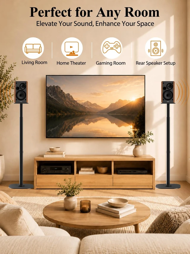 Alt view image 2 of 7 - Universal Speaker Stands Pair, Height Adjustable 35"-49" Floor Speaker Stands for Bookshelf, Satellite & Surround Sound Speakers, 15 lbs Capacity, Dual Cable Management,Black