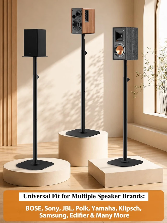 Alt view image 3 of 7 - Universal Speaker Stands Pair, Height Adjustable 35"-49" Floor Speaker Stands for Bookshelf, Satellite & Surround Sound Speakers, 15 lbs Capacity, Dual Cable Management,Black