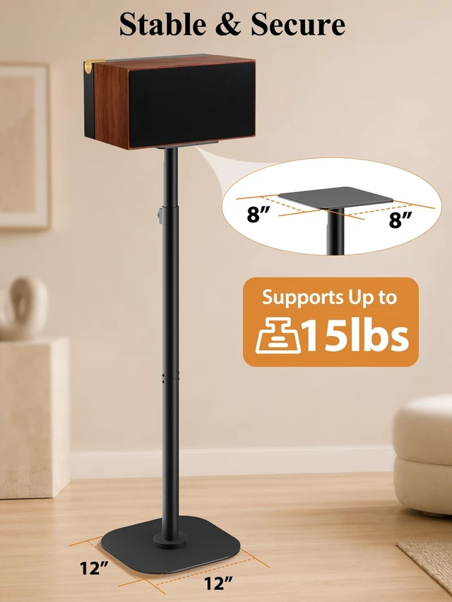 Alt view image 4 of 7 - Universal Speaker Stands Pair, Height Adjustable 35"-49" Floor Speaker Stands for Bookshelf, Satellite & Surround Sound Speakers, 15 lbs Capacity, Dual Cable Management,Black
