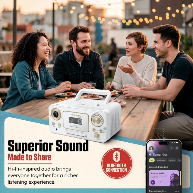 Alt view image 3 of 7 - Portable CD Player with Bluetooth, AM/FM Stereo Radio & Cassette Player/Recorder with Aux-in and AC/DC Power - White & Gold