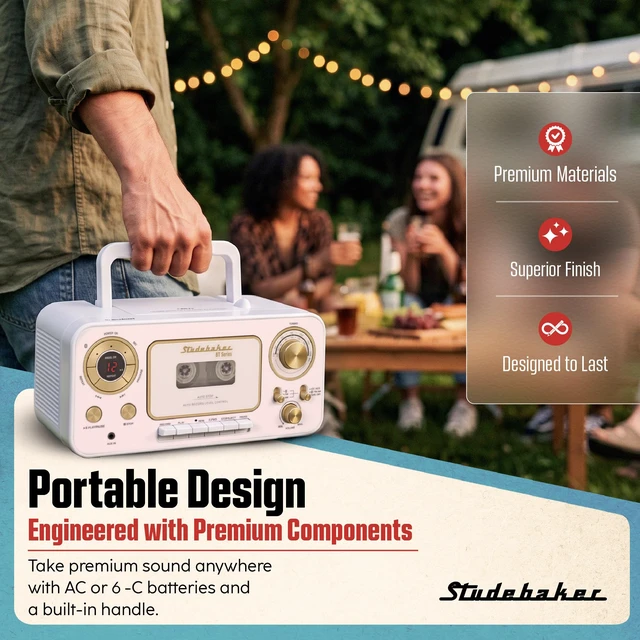 Alt view image 5 of 7 - Portable CD Player with Bluetooth, AM/FM Stereo Radio & Cassette Player/Recorder with Aux-in and AC/DC Power - White & Gold