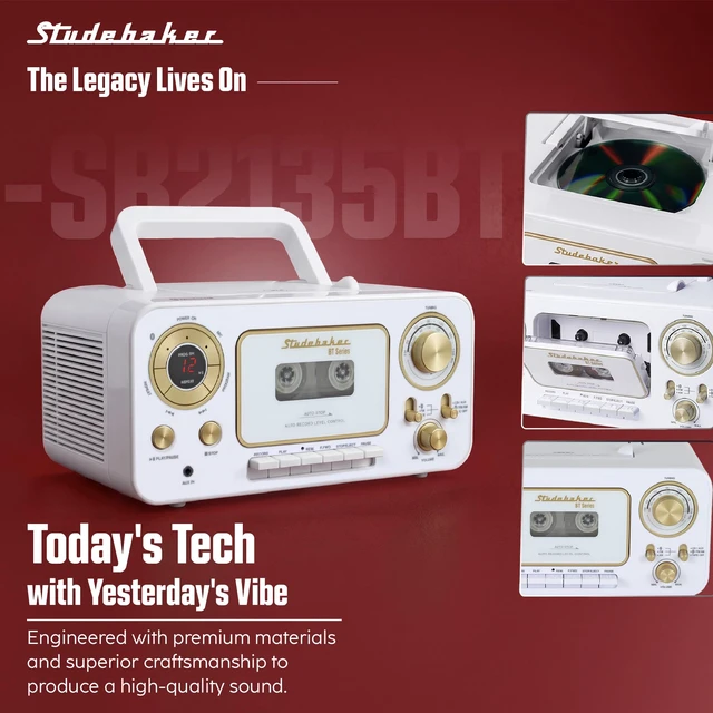 Alt view image 7 of 7 - Portable CD Player with Bluetooth, AM/FM Stereo Radio & Cassette Player/Recorder with Aux-in and AC/DC Power - White & Gold