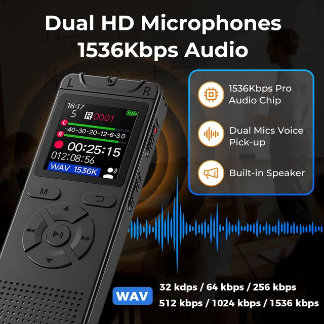 Alt view image 2 of 7 - Digital Voice Recorder with Playback, 64GB Built-in Memory Storage Small Size, Voice Activated Recording, 1536Kbps Audio, A-B Repeat, Device Portable Mini for Lectures, Meetings, Interview etc