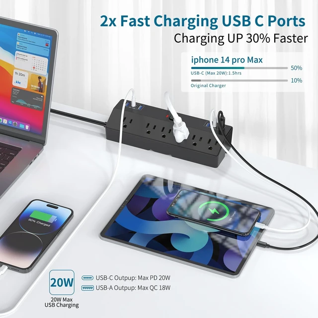Alt view image 3 of 7 - Desk Clamp Power Strip with 40W Fast Charging Station, 10ft Flat Plug Power Strip Surge Protector, 2 USB-C Ports, 6 AC Outlets, Fit 2.48" Tabletop Edge, Home Office Desk Accessories Essentials