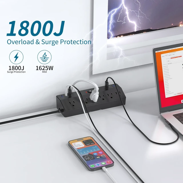 Alt view image 4 of 7 - Desk Clamp Power Strip with 40W Fast Charging Station, 10ft Flat Plug Power Strip Surge Protector, 2 USB-C Ports, 6 AC Outlets, Fit 2.48" Tabletop Edge, Home Office Desk Accessories Essentials