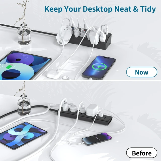Alt view image 5 of 7 - Desk Clamp Power Strip with 40W Fast Charging Station, 10ft Flat Plug Power Strip Surge Protector, 2 USB-C Ports, 6 AC Outlets, Fit 2.48" Tabletop Edge, Home Office Desk Accessories Essentials