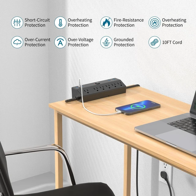 Alt view image 6 of 7 - Desk Clamp Power Strip with 40W Fast Charging Station, 10ft Flat Plug Power Strip Surge Protector, 2 USB-C Ports, 6 AC Outlets, Fit 2.48" Tabletop Edge, Home Office Desk Accessories Essentials