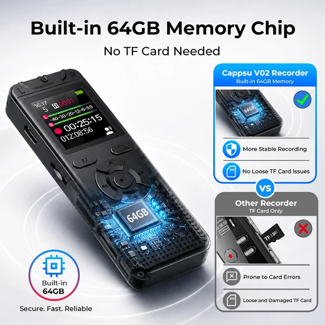 Alt view image 4 of 7 - Digital Voice Recorder with Playback, 64GB Built-in Memory Storage Small Size, Voice Activated Recording, 1536Kbps Audio, A-B Repeat, Device Portable Mini for Lectures, Meetings, Interview etc