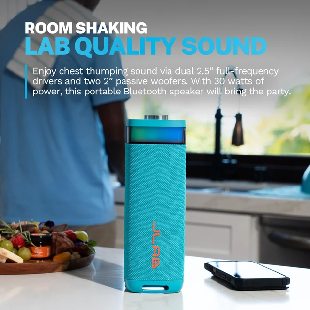 Alt view image 2 of 7 - JBuds Party, Portable Bluetooth Speaker, Waterproof Outdoor Speaker, RGB Lighting, Multi-Speaker Connect, Cyan