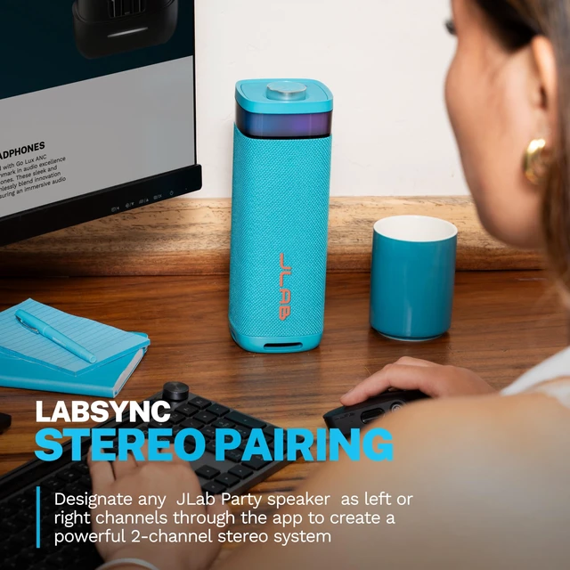 Alt view image 5 of 7 - JBuds Party, Portable Bluetooth Speaker, Waterproof Outdoor Speaker, RGB Lighting, Multi-Speaker Connect, Cyan