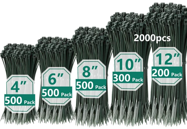 Main image of 2000 PCS Zip Ties Assorted Sizes 4+6+8+10+12 Inch Self-locking Nylon Cable ties Outdoor, UV Resistant Wire Straps for Home Office Garden Workshop Indoor Outdoor Fence(garden green)