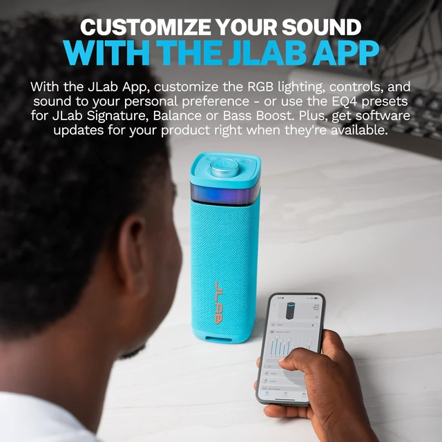Alt view image 7 of 7 - JBuds Party, Portable Bluetooth Speaker, Waterproof Outdoor Speaker, RGB Lighting, Multi-Speaker Connect, Cyan