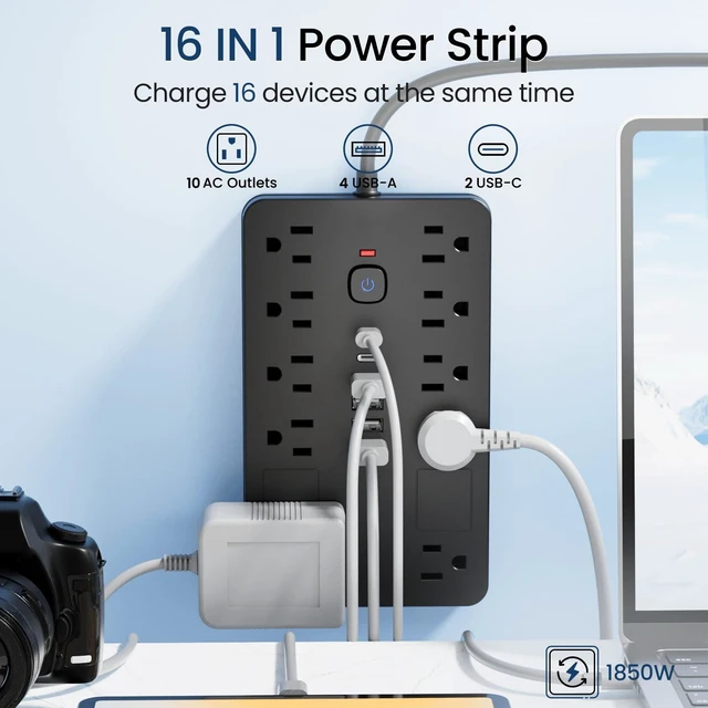 Alt view image 2 of 7 - 6 FT Surge Protector Power Strip Extension Cord with 10 Outlets & 6 USB 6 Feet Extension Cord Flat Plug Power Strip with 10 Outlets&6 USB Ports (2 USB C),1850J Surge Protection ETL