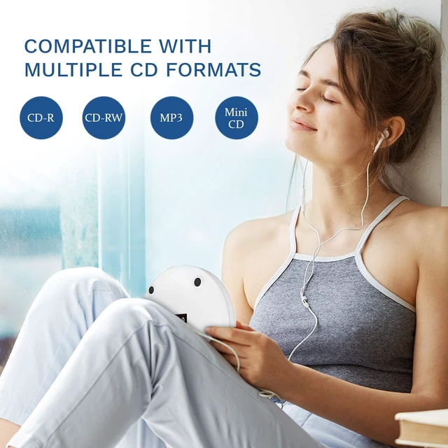 Alt view image 5 of 6 - Discman Portable CD Player with Headphones, Built-in Battery, MP3 Skip-Free and Shock-Resistant Playback, 5 EQ Effects, Supports SD Cards, WMA Files - White
