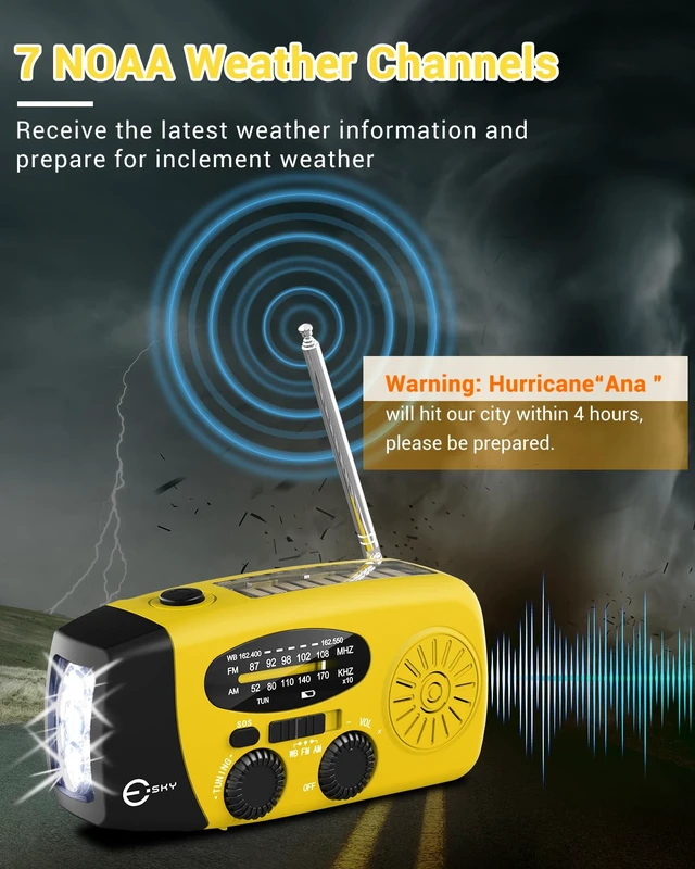 Alt view image 2 of 7 - Emergency Hand Crank Radio with 3 LED Flashlight, AM/FM/NOAA Portable Weather Radio with 2000mAh Rechargable Battery, Solar Powered USB Charged Radio for Indoor Outdoor Camping, SOS Alarm