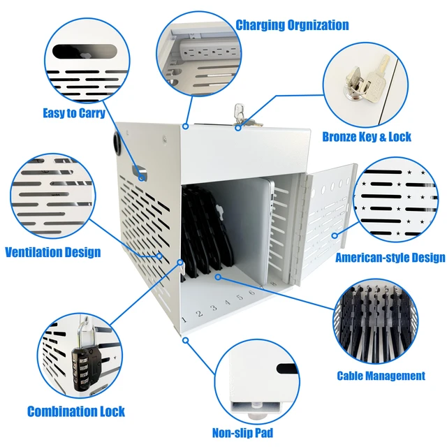 Alt view image 4 of 7 - 8-Device Tablet & Laptop Charging Cabinet, Fully Assembled Lockable Steel Charging Station for Chromebooks, iPads & Devices up to 14", Built for Schools & Offices,White