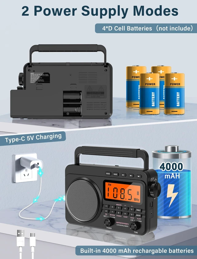 Alt view image 4 of 7 - Digital AM FM Shortwave Radio 4000mAh Rechargeable Battery Black Portable Radio with Best Reception NOAA Weather Alert, Big Speaker,Stereo Earphone,Support Micro SD Card and USB MP3 Player