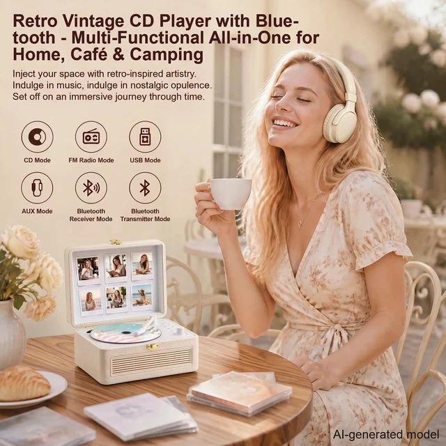 Alt view image 2 of 7 - CD Player Portable Bluetooth Retro CD Players Rechargeable 3600mAh Vintage CD-Player with Dual Speakers Hifi Sound & Radio & Remote Control Support USB/AUX Playback Headphone Jack
