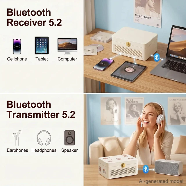Alt view image 3 of 7 - CD Player Portable Bluetooth Retro CD Players Rechargeable 3600mAh Vintage CD-Player with Dual Speakers Hifi Sound & Radio & Remote Control Support USB/AUX Playback Headphone Jack