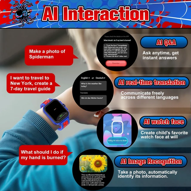 Alt view image 2 of 7 - AI Smart Watch for Kids 1.85" Fitness Tracker, IP68 Waterproof Sleep Monitor, 22/100+ Sport Modes, DIY Dial, Step Counter, Heart Rate, Camera, With/No APP, Gift for 3 4 5-12 Years Old Boy