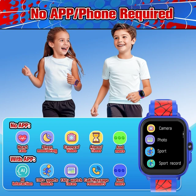 Alt view image 7 of 7 - AI Smart Watch for Kids 1.85" Fitness Tracker, IP68 Waterproof Sleep Monitor, 22/100+ Sport Modes, DIY Dial, Step Counter, Heart Rate, Camera, With/No APP, Gift for 3 4 5-12 Years Old Boy