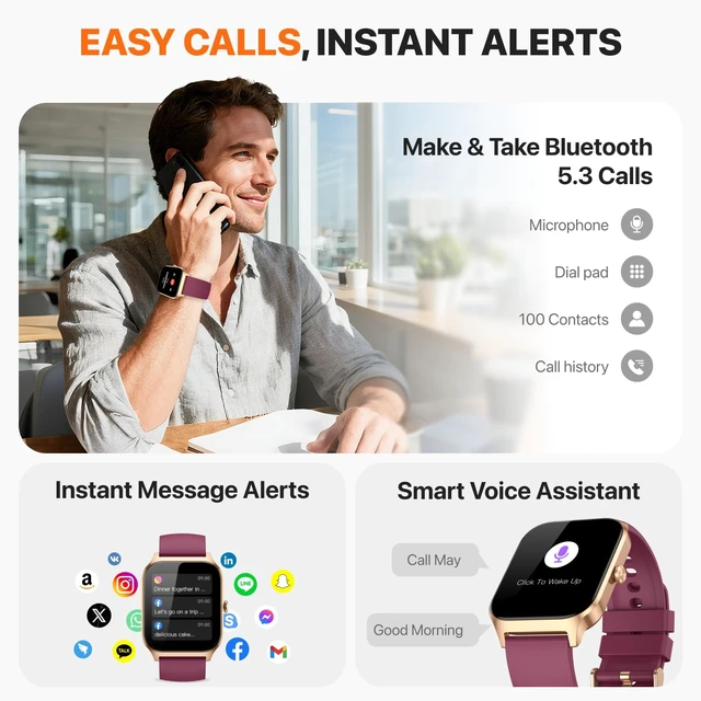 Alt view image 2 of 7 - Smart Watch for Women Men,(Answer/Make Call) 1.83'' HD Fitness Activity Tracker Smartwatch for Android iPhone iOS Compatible,IP68 Waterproof Step Counter with Sleep Monitor (Modern, Wine Red, 1.83)