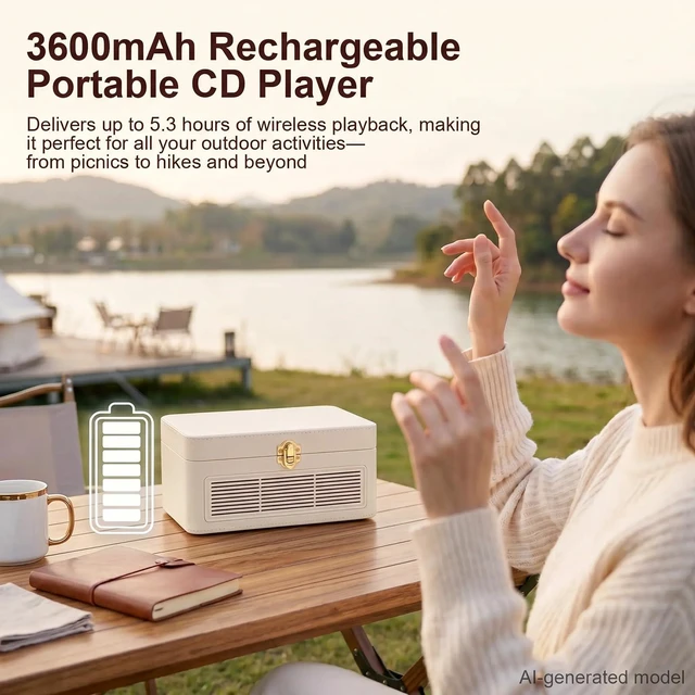 Alt view image 5 of 7 - CD Player Portable Bluetooth Retro CD Players Rechargeable 3600mAh Vintage CD-Player with Dual Speakers Hifi Sound & Radio & Remote Control Support USB/AUX Playback Headphone Jack