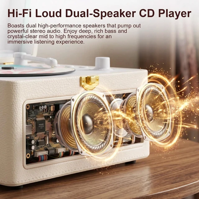 Alt view image 6 of 7 - CD Player Portable Bluetooth Retro CD Players Rechargeable 3600mAh Vintage CD-Player with Dual Speakers Hifi Sound & Radio & Remote Control Support USB/AUX Playback Headphone Jack