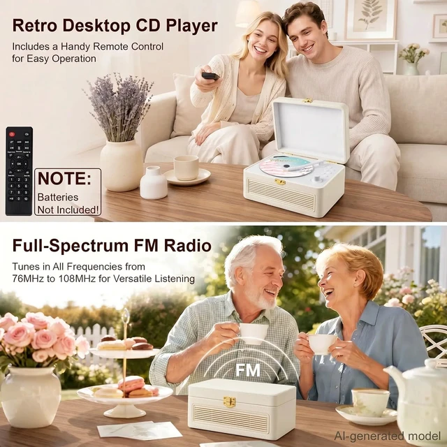 Alt view image 4 of 7 - CD Player Portable Bluetooth Retro CD Players Rechargeable 3600mAh Vintage CD-Player with Dual Speakers Hifi Sound & Radio & Remote Control Support USB/AUX Playback Headphone Jack
