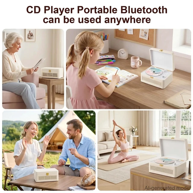Alt view image 7 of 7 - CD Player Portable Bluetooth Retro CD Players Rechargeable 3600mAh Vintage CD-Player with Dual Speakers Hifi Sound & Radio & Remote Control Support USB/AUX Playback Headphone Jack