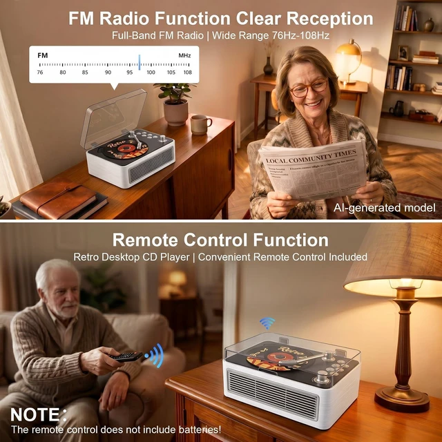 Alt view image 4 of 7 - Retro CD Player Portable Bluetooth CD Players with Speakers Vintage CD-Player 3600mAh Rechargeable & Radio & Remote Control Support USB/AUX Playback Headphone Jack (Walnut Color)