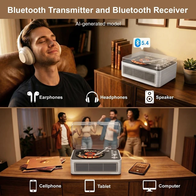 Alt view image 3 of 7 - Retro CD Player Portable Bluetooth CD Players with Speakers Vintage CD-Player 3600mAh Rechargeable & Radio & Remote Control Support USB/AUX Playback Headphone Jack (Walnut Color)