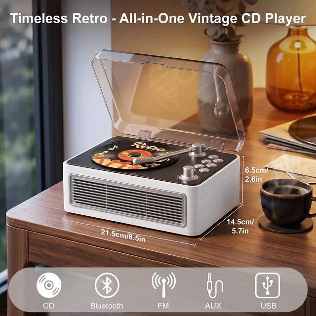 Alt view image 6 of 7 - Retro CD Player Portable Bluetooth CD Players with Speakers Vintage CD-Player 3600mAh Rechargeable & Radio & Remote Control Support USB/AUX Playback Headphone Jack (Walnut Color)