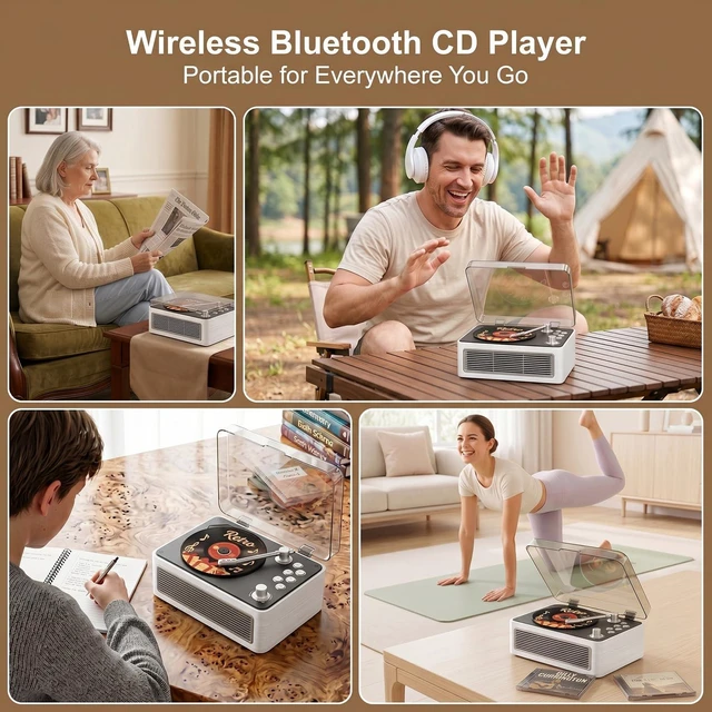 Alt view image 7 of 7 - Retro CD Player Portable Bluetooth CD Players with Speakers Vintage CD-Player 3600mAh Rechargeable & Radio & Remote Control Support USB/AUX Playback Headphone Jack (Walnut Color)