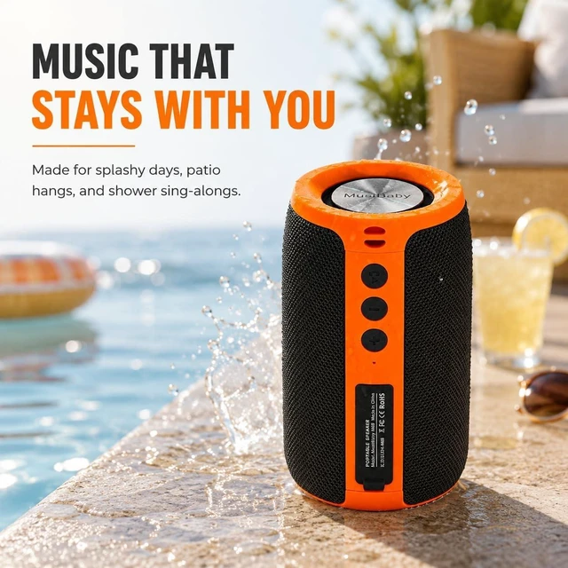 Alt view image 4 of 7 - M68 Bluetooth Speaker, 12W, IPX5, 24H Playtime, OrangeBlack Portable, small and compact with USB playback, AUX input, FM radio, TF card playback, up to 24H and dual pairing
