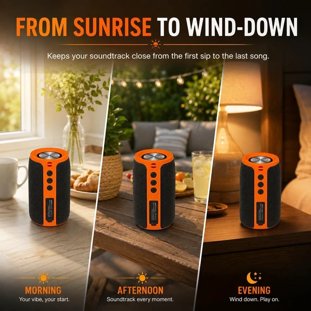 Alt view image 5 of 7 - M68 Bluetooth Speaker, 12W, IPX5, 24H Playtime, OrangeBlack Portable, small and compact with USB playback, AUX input, FM radio, TF card playback, up to 24H and dual pairing