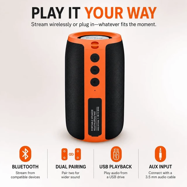Alt view image 6 of 7 - M68 Bluetooth Speaker, 12W, IPX5, 24H Playtime, OrangeBlack Portable, small and compact with USB playback, AUX input, FM radio, TF card playback, up to 24H and dual pairing