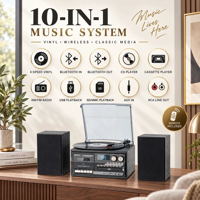 Alt view image 2 of 7 - 10 in 1 Record Player with Dual External Speakers, Elegant 3-Speed Turntable Music Center for Home Listening, Bluetooth Input & Output, CD Cassette USB SD MMC, AM/FM Radio, Remote Control