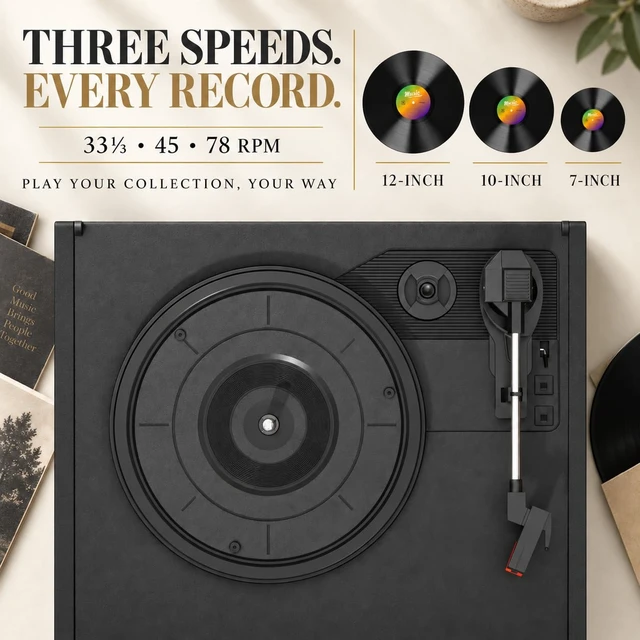 Alt view image 3 of 7 - 10 in 1 Record Player with Dual External Speakers, Elegant 3-Speed Turntable Music Center for Home Listening, Bluetooth Input & Output, CD Cassette USB SD MMC, AM/FM Radio, Remote Control