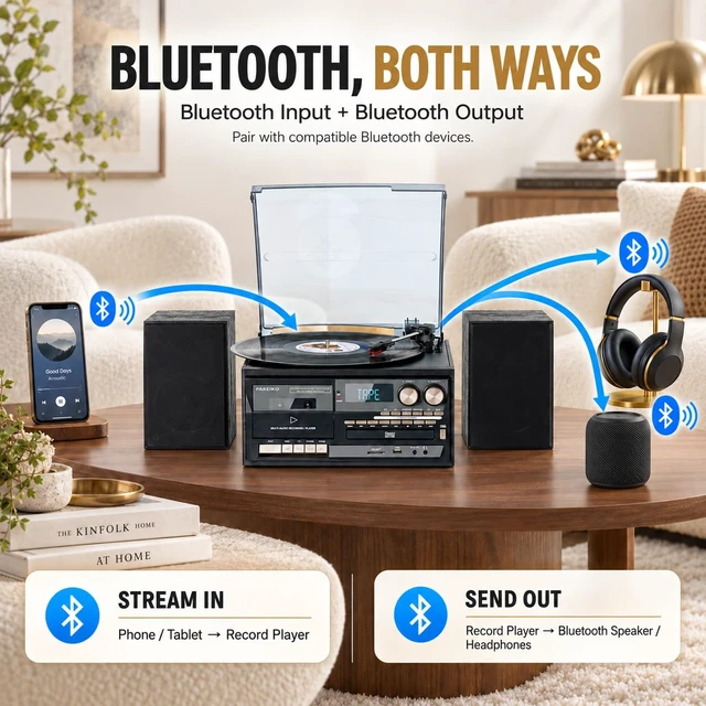 Alt view image 4 of 7 - 10 in 1 Record Player with Dual External Speakers, Elegant 3-Speed Turntable Music Center for Home Listening, Bluetooth Input & Output, CD Cassette USB SD MMC, AM/FM Radio, Remote Control