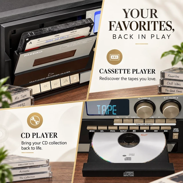 Alt view image 5 of 7 - 10 in 1 Record Player with Dual External Speakers, Elegant 3-Speed Turntable Music Center for Home Listening, Bluetooth Input & Output, CD Cassette USB SD MMC, AM/FM Radio, Remote Control
