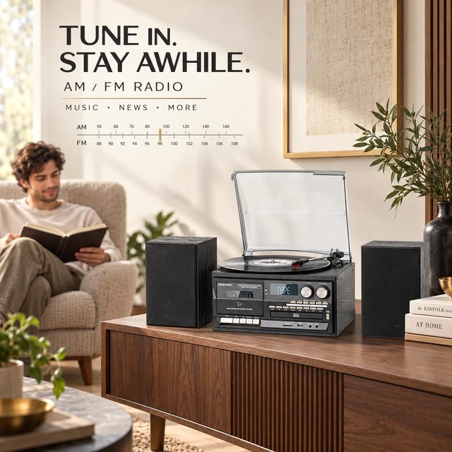 Alt view image 7 of 7 - 10 in 1 Record Player with Dual External Speakers, Elegant 3-Speed Turntable Music Center for Home Listening, Bluetooth Input & Output, CD Cassette USB SD MMC, AM/FM Radio, Remote Control