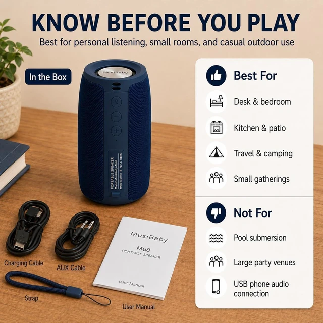 Alt view image 6 of 7 - M68 Bluetooth Speaker, 12W, IPX5, 24H Playtime, Dark Blue Portable, small and compact with USB playback, AUX input, FM radio, TF card playback, up to 24H and dual pairing