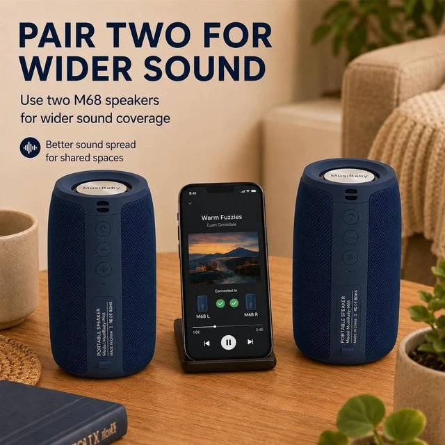 Alt view image 7 of 7 - M68 Bluetooth Speaker, 12W, IPX5, 24H Playtime, Dark Blue Portable, small and compact with USB playback, AUX input, FM radio, TF card playback, up to 24H and dual pairing