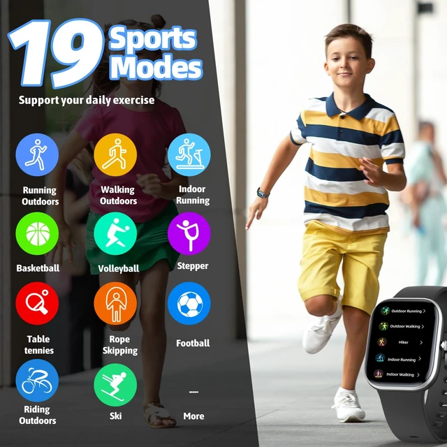Alt view image 3 of 6 - Smart Watch for Kids Fitness Tracker No Phone/APP Needed,19 Sport Mode,1.5" DIY Dial,IP68 Waterproof,Sleep Monitor,Pedometers,Heart Rate,Great Birthday Gift for Boys Girls Teens 6-14 year Olds (Black)