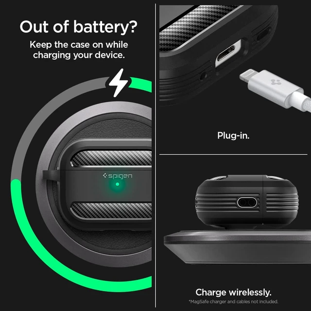 Alt view image 5 of 6 - Rugged Armor Designed for AirPods Pro 2 Case (2022/2023) TPU & PC Dual Layer Protection, Included Carabiner, Wireless Charging Compatible - Matte Black