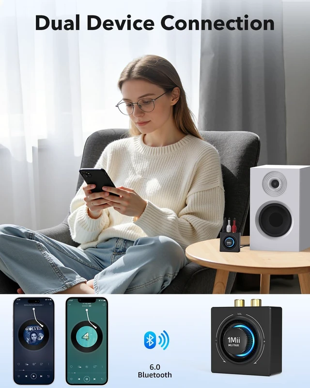 Alt view image 4 of 7 - B06T3 Bluetooth 6.0 Receiver for Home Stereo, Wireless Audio Adapter RCA & 3.5mm AUX Jack, Knob Volume Control, for Old Speakers, Wired Speakers, Home Audio Music Streaming Stereo System
