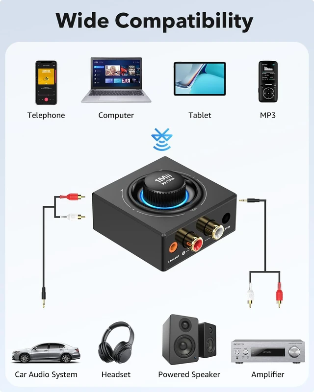 Alt view image 6 of 7 - B06T3 Bluetooth 6.0 Receiver for Home Stereo, Wireless Audio Adapter RCA & 3.5mm AUX Jack, Knob Volume Control, for Old Speakers, Wired Speakers, Home Audio Music Streaming Stereo System