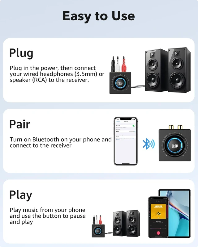 Alt view image 7 of 7 - B06T3 Bluetooth 6.0 Receiver for Home Stereo, Wireless Audio Adapter RCA & 3.5mm AUX Jack, Knob Volume Control, for Old Speakers, Wired Speakers, Home Audio Music Streaming Stereo System